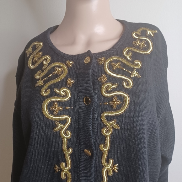 Vintage Joan Leslie Petite Large Black Gold Knit Button Up Cardigan New With Tag - Picture 4 of 12